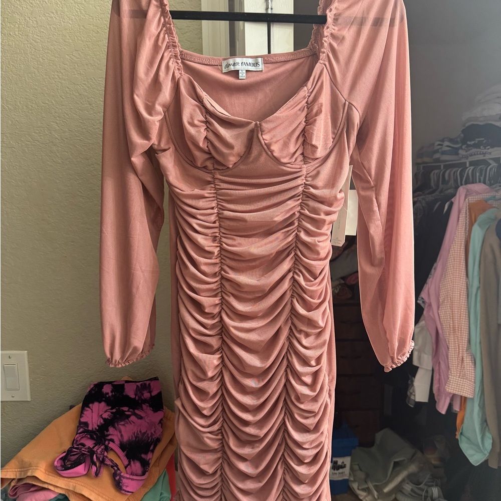 Almost Famous Blush Long Sleeve Ruched Dress